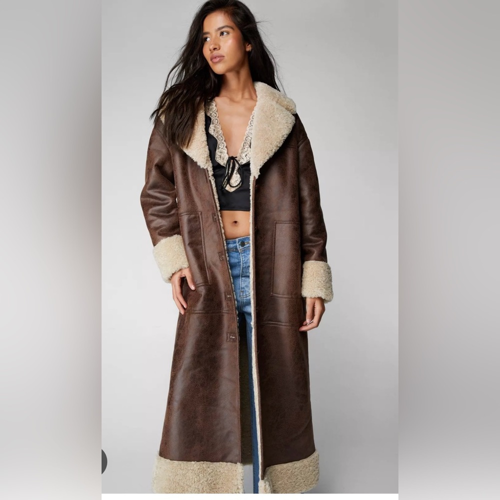 Nasty Gal Brown and Cream Long Coat